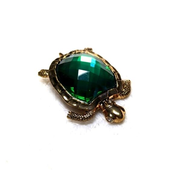 Vintage Napier Goldtone Turtle Brooche Cushion Cut Green Acrylic Cabochon - Picture 5 of 10